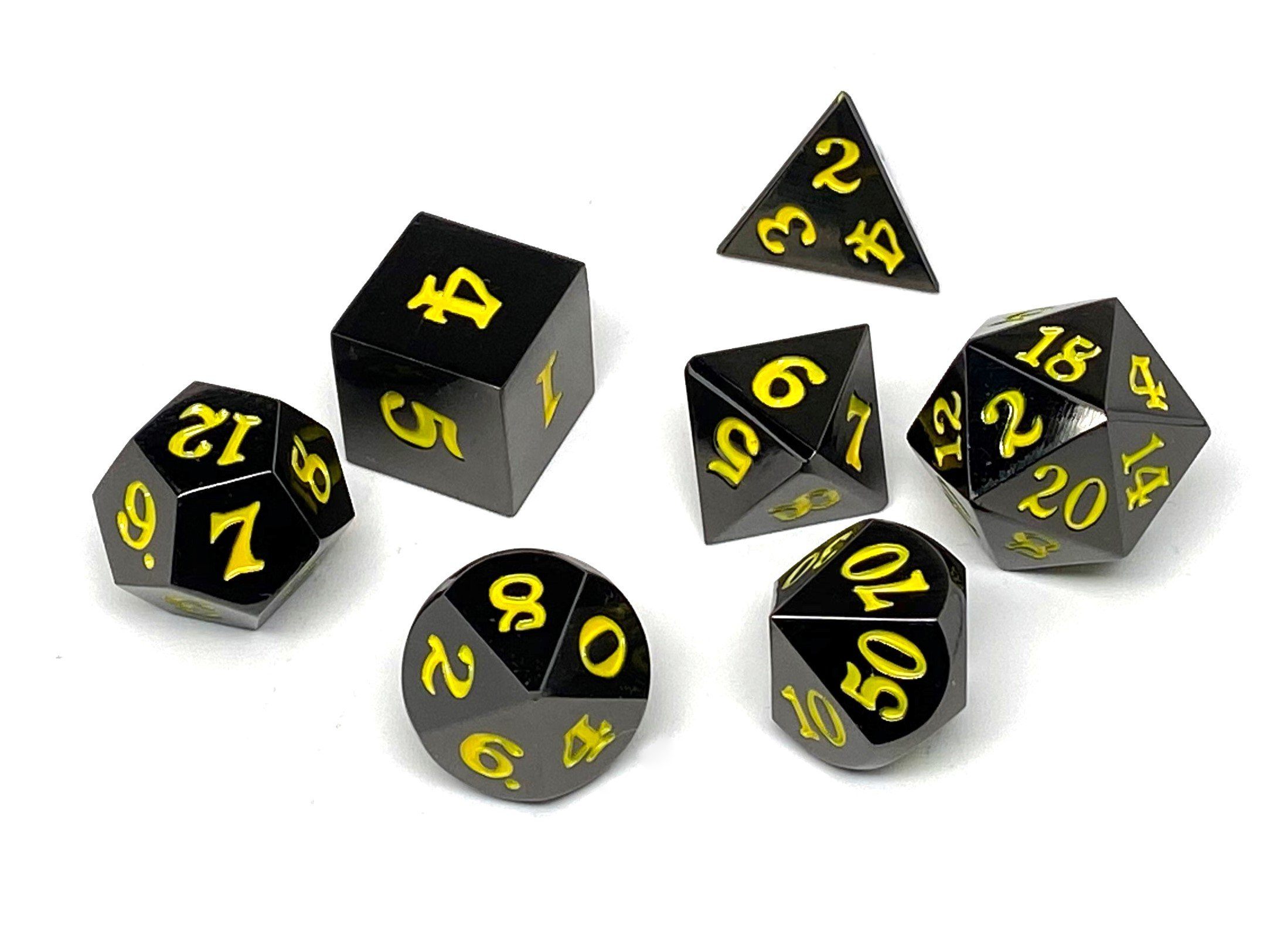 Gun Metal 7 Piece Dice Set - Signature Font - Yellow - Bards & Cards