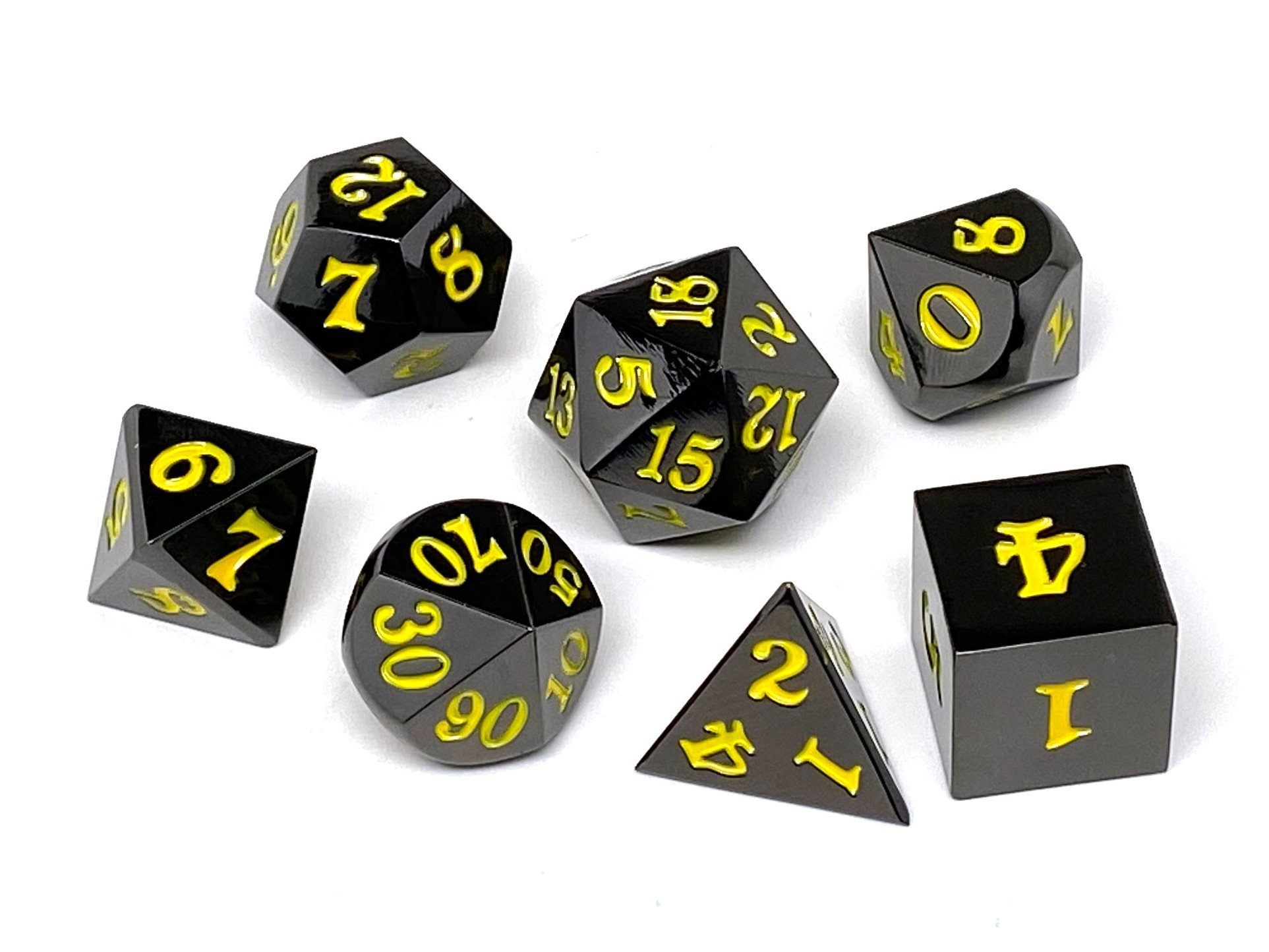 Gun Metal 7 Piece Dice Set - Signature Font - Yellow - Bards & Cards