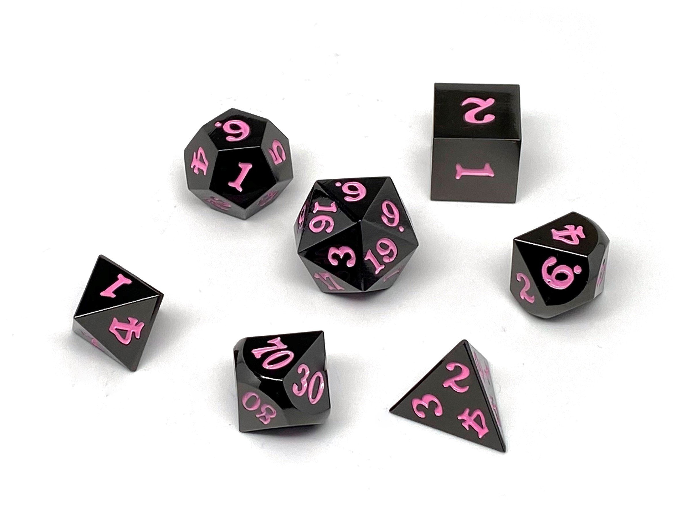 Gun Metal 7 Piece Dice Set - Signature Font - Pink - Bards & Cards