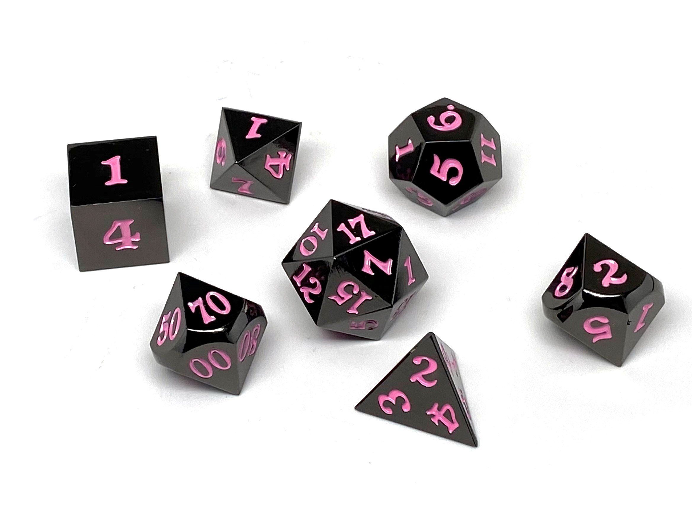 Gun Metal 7 Piece Dice Set - Signature Font - Pink - Bards & Cards