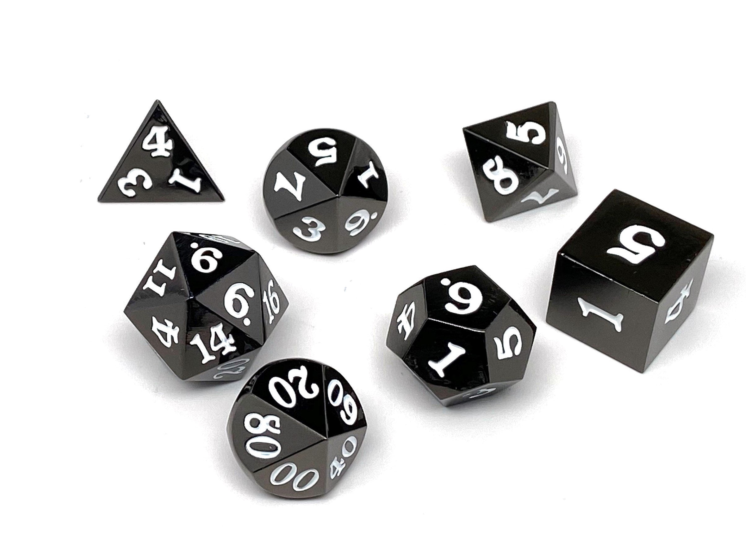 Gun Metal 7 Piece Dice Set - Signature Font - White - Bards & Cards