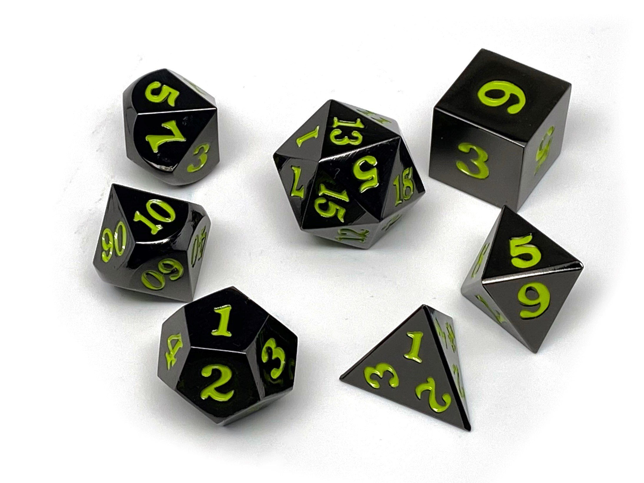 Gun Metal 7 Piece Dice Set - Signature Font - Lime - Bards & Cards