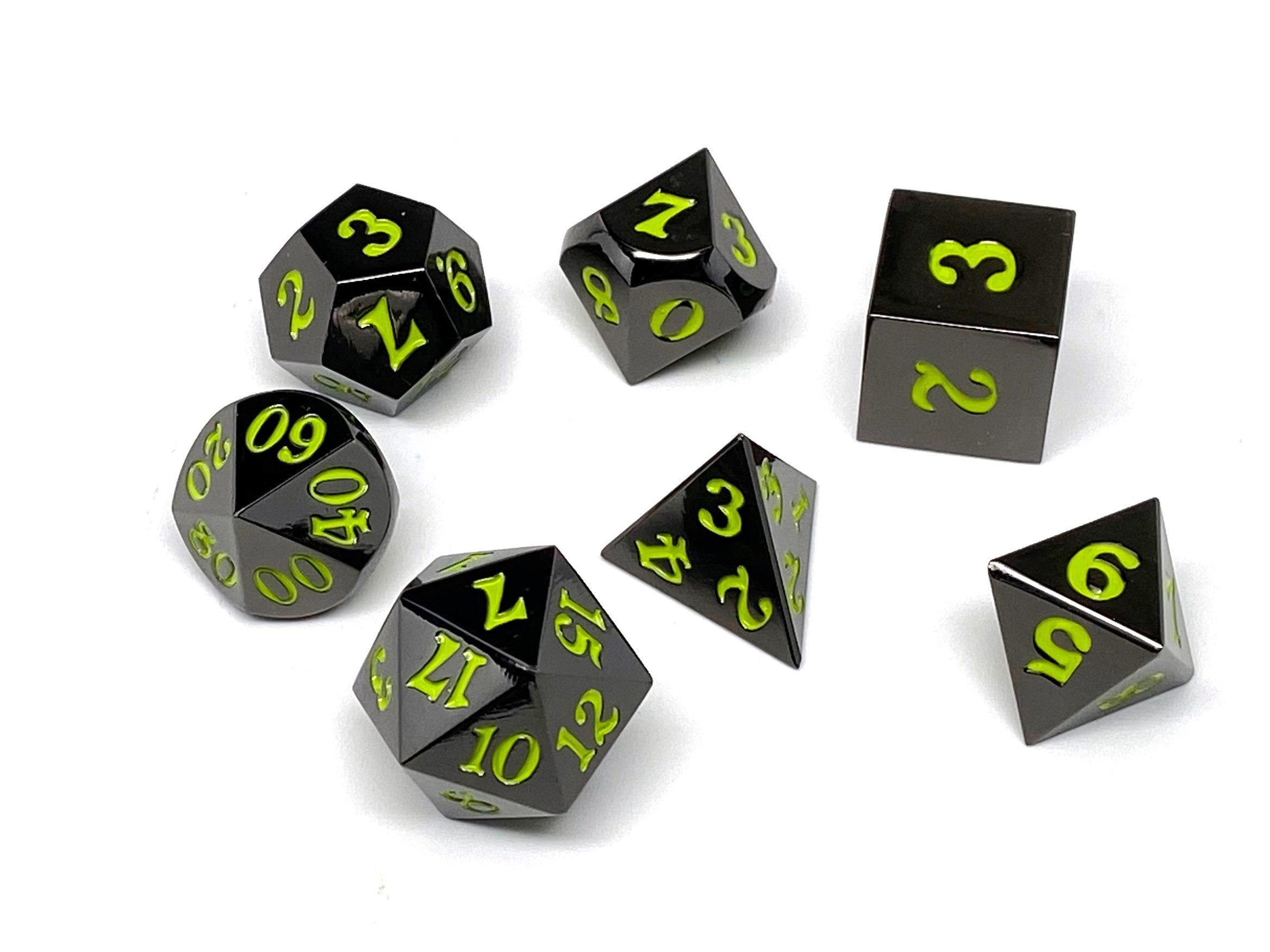 Gun Metal 7 Piece Dice Set - Signature Font - Lime - Bards & Cards