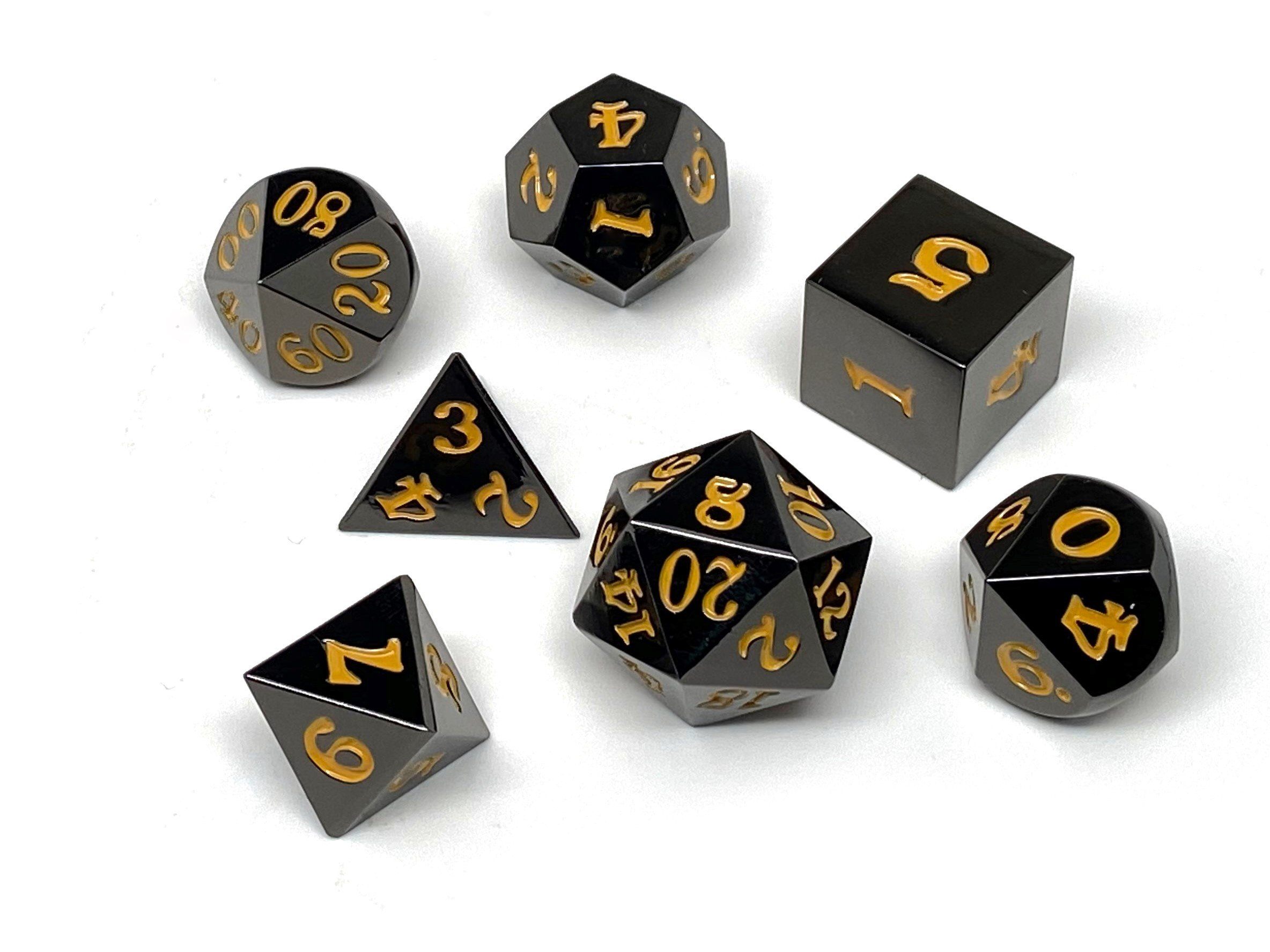 Gun Metal 7 Piece Dice Set - Signature Font - Gold - Bards & Cards