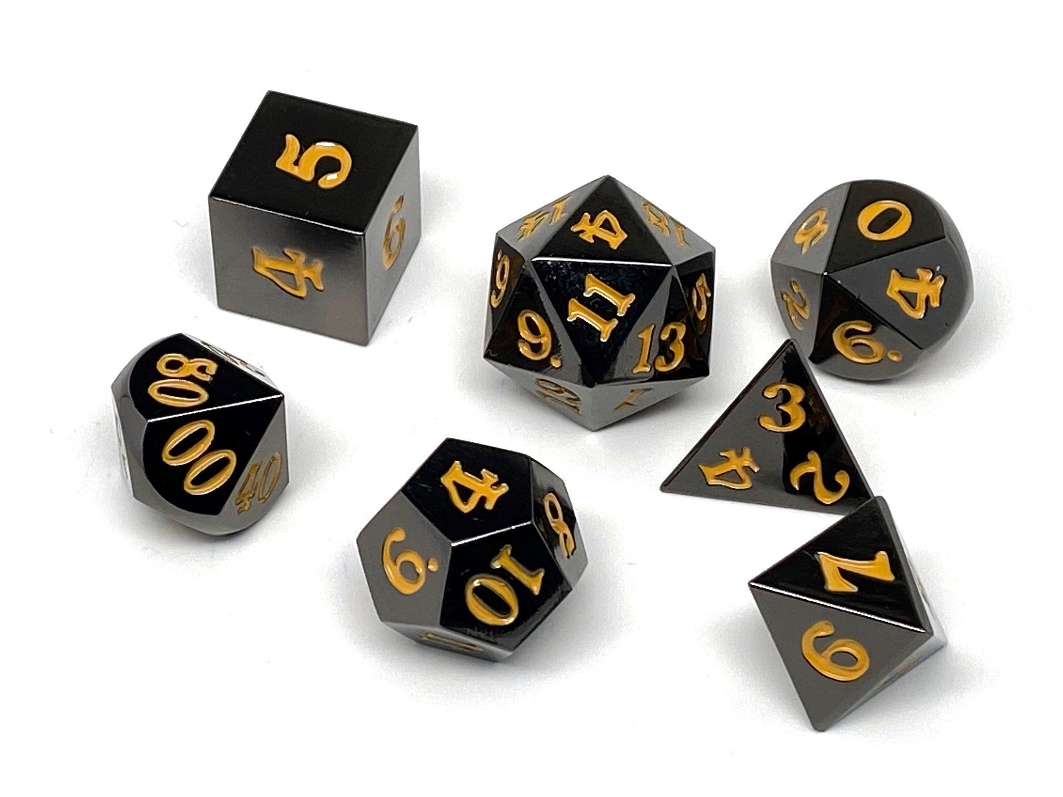 Gun Metal 7 Piece Dice Set - Signature Font - Gold - Bards & Cards