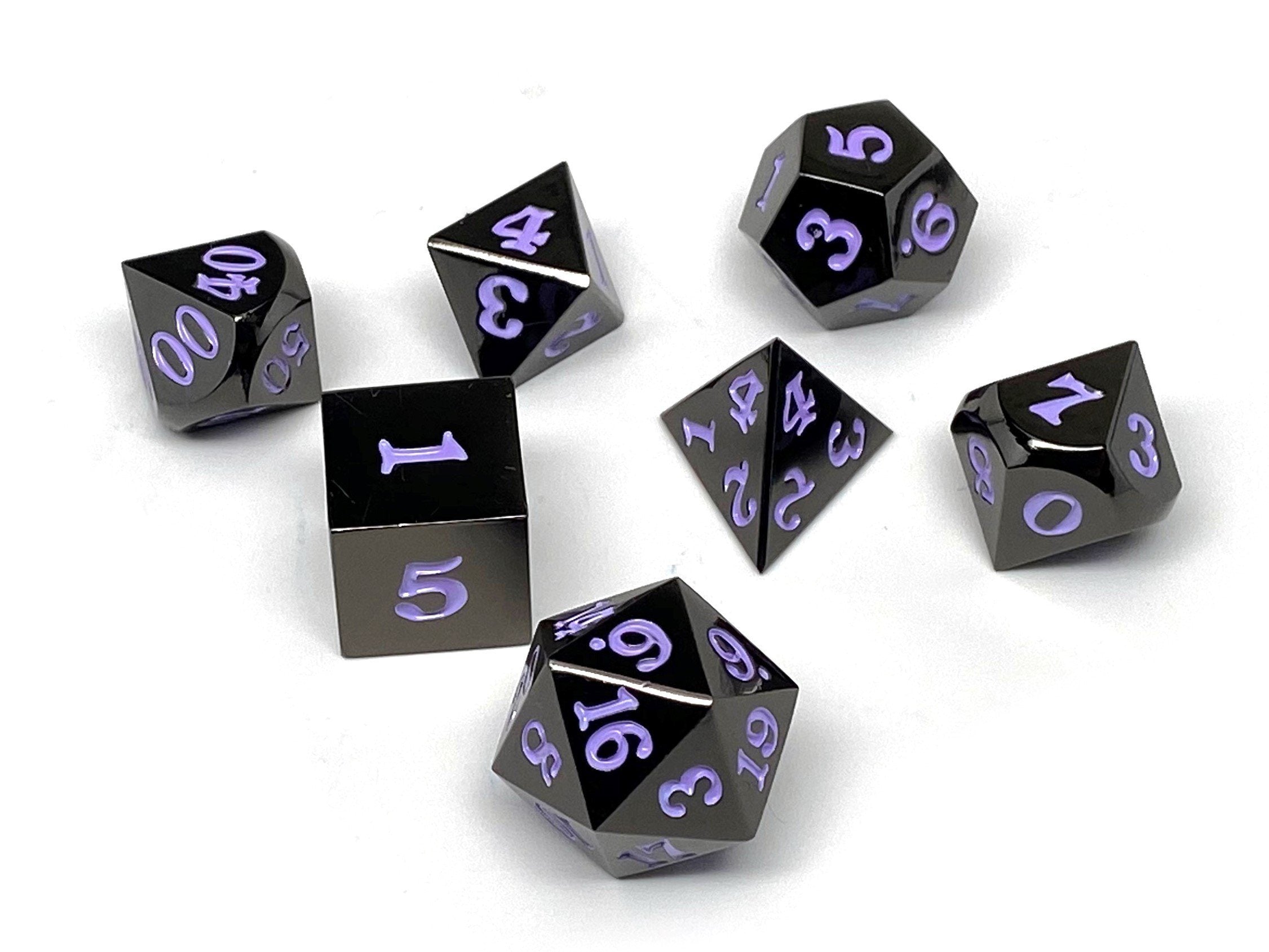 Gun Metal 7 Piece Dice Set - Signature Font - Purple - Bards & Cards