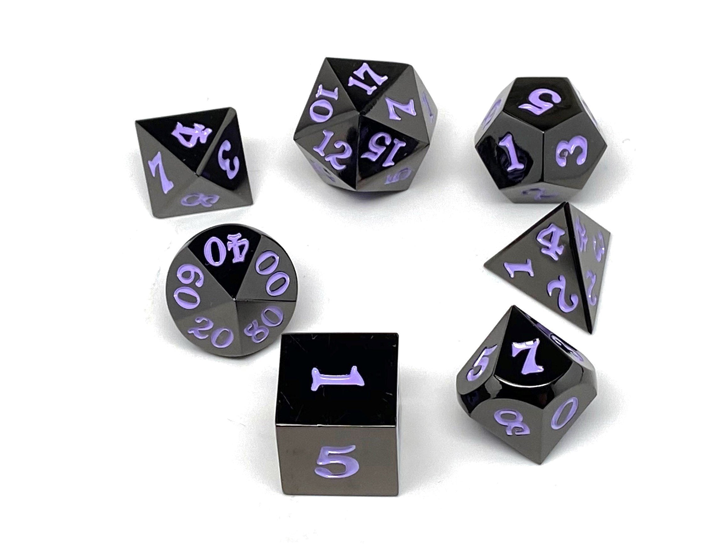 Gun Metal 7 Piece Dice Set - Signature Font - Purple - Bards & Cards