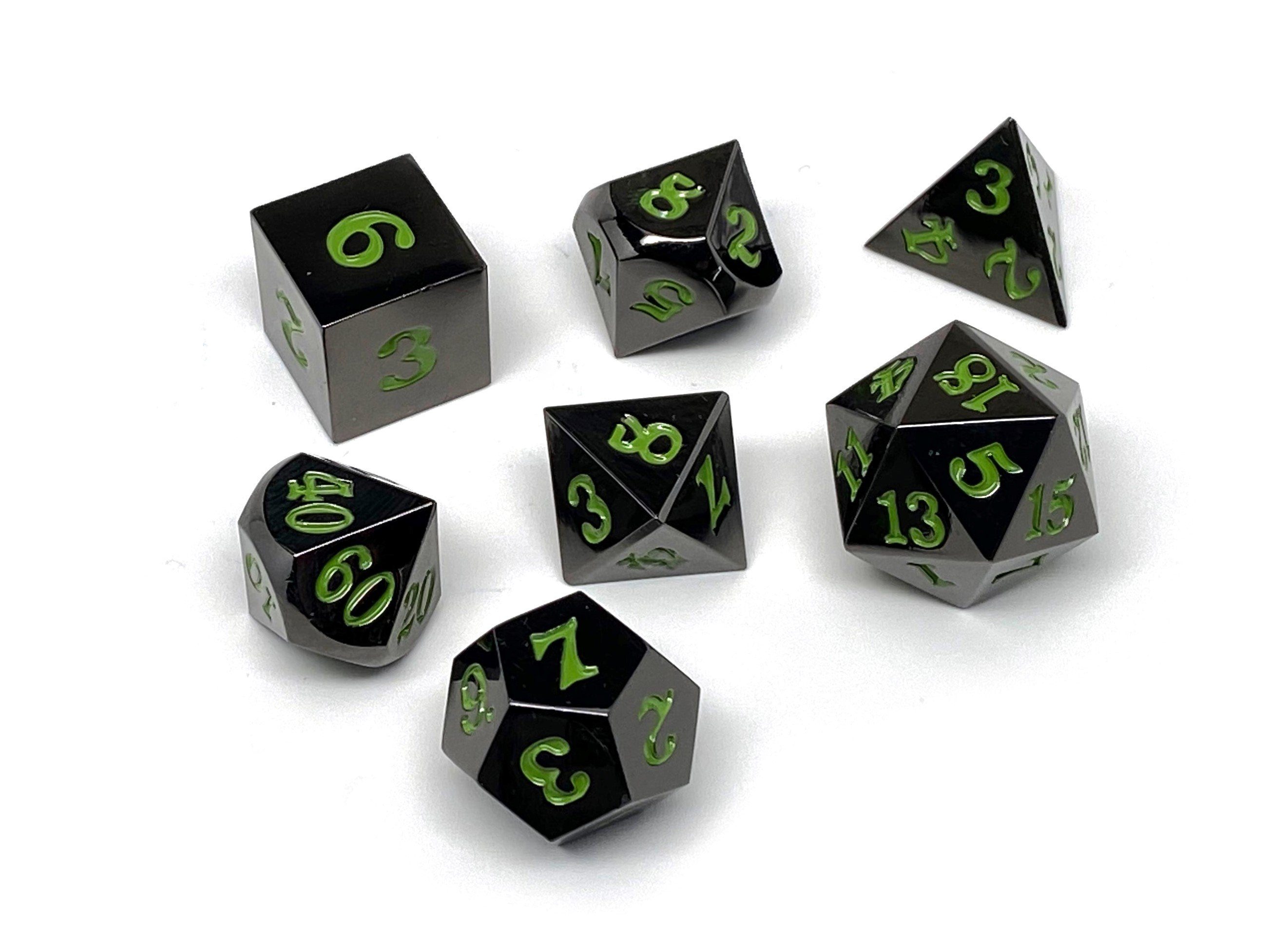 Gun Metal 7 Piece Dice Set - Signature Font - Serpent Blood - Bards & Cards