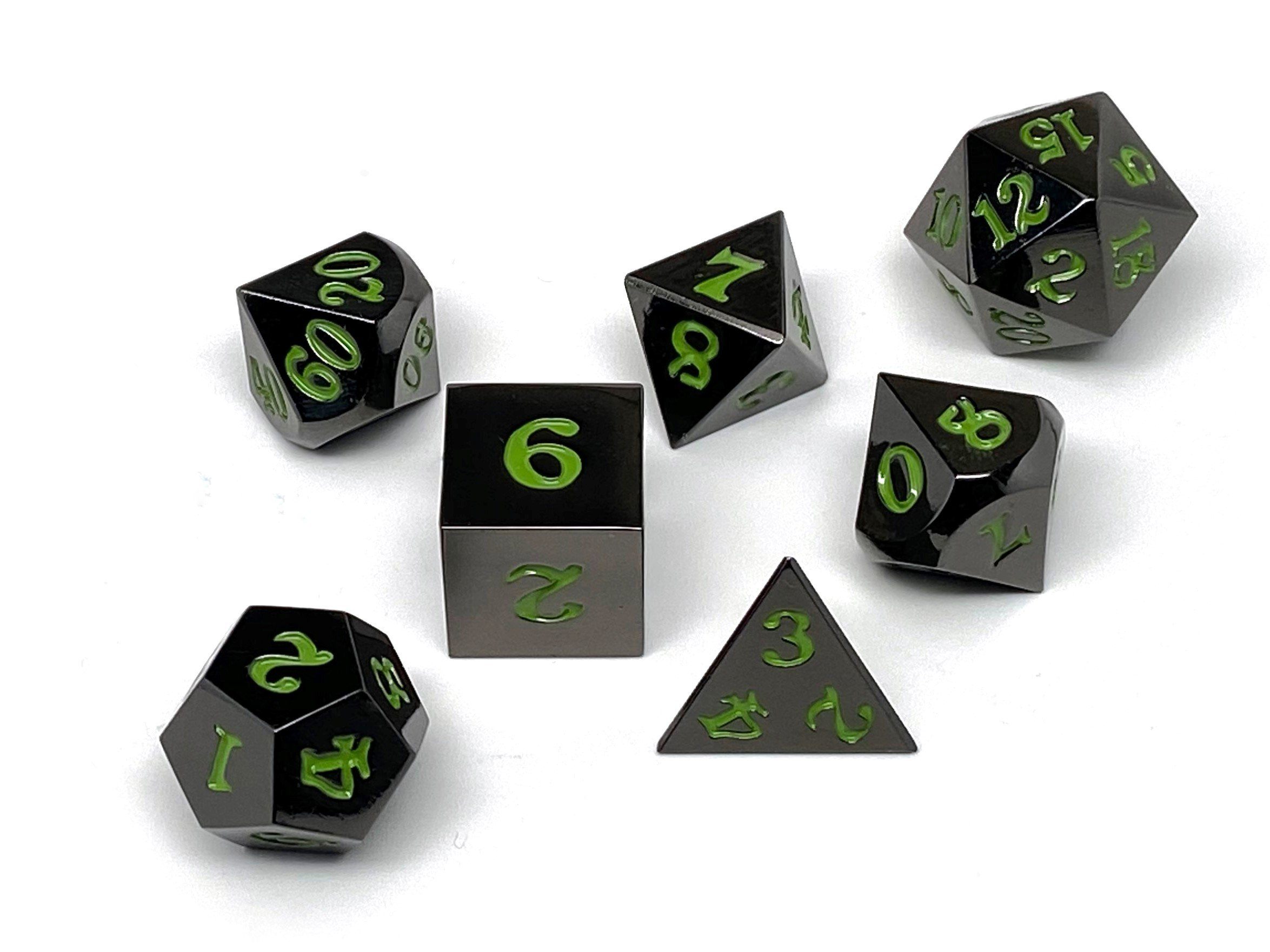 Gun Metal 7 Piece Dice Set - Signature Font - Serpent Blood - Bards & Cards