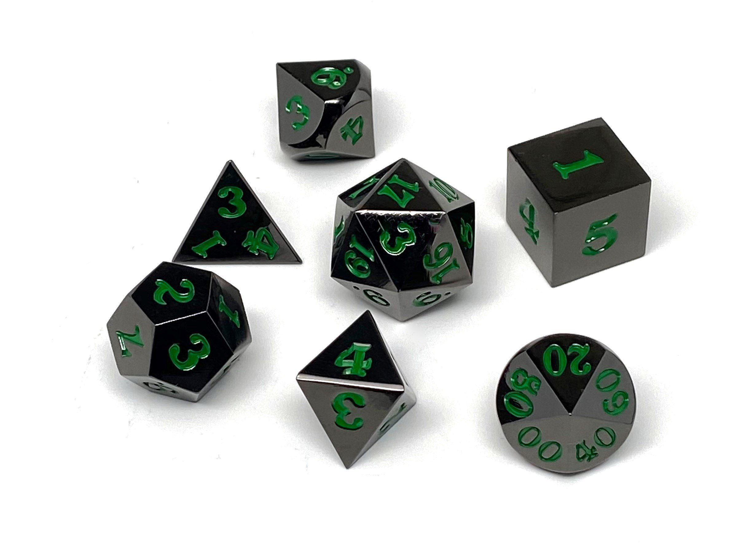 Gun Metal 7 Piece Dice Set - Signature Font - Green - Bards & Cards