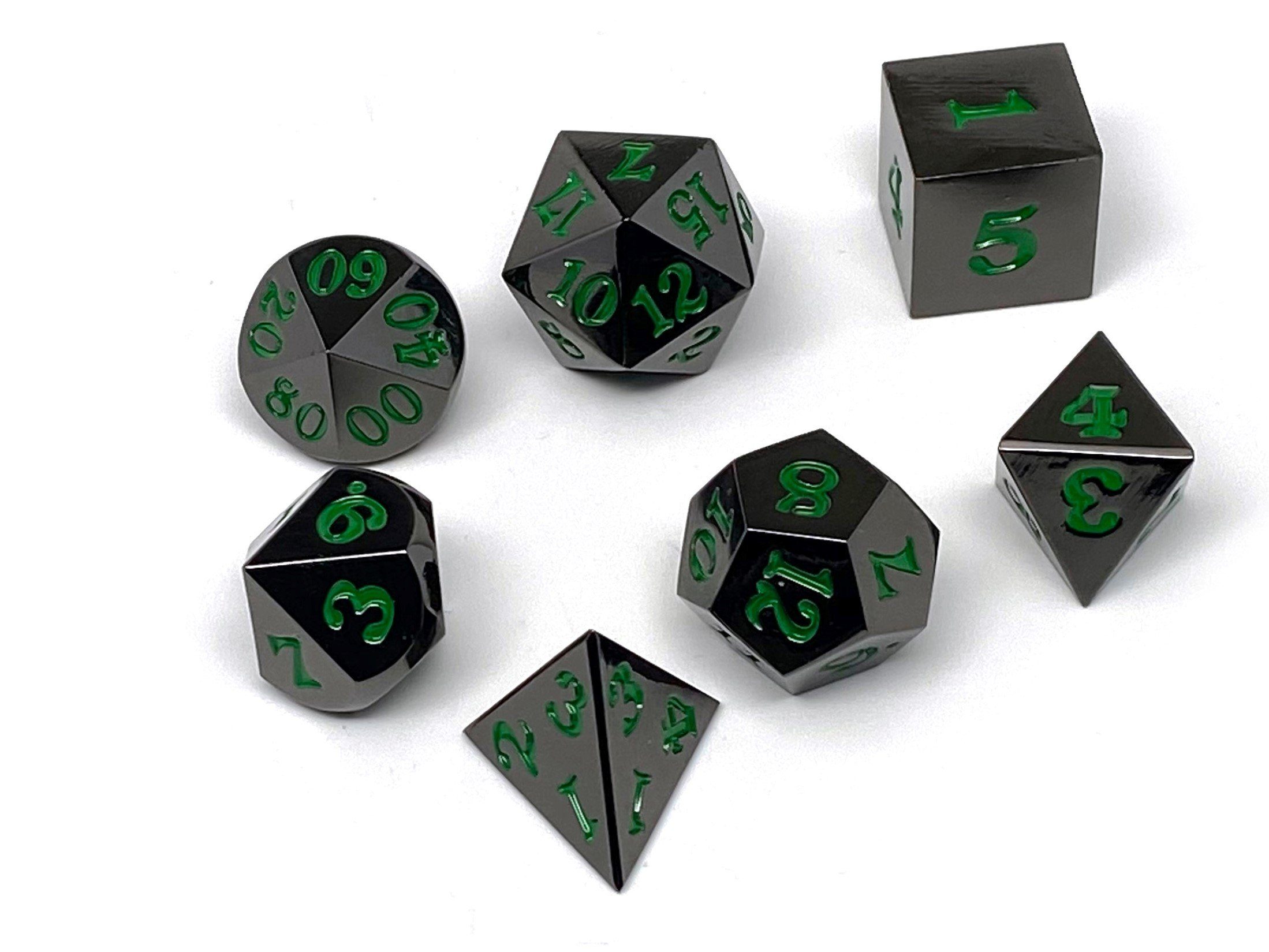 Gun Metal 7 Piece Dice Set - Signature Font - Green - Bards & Cards