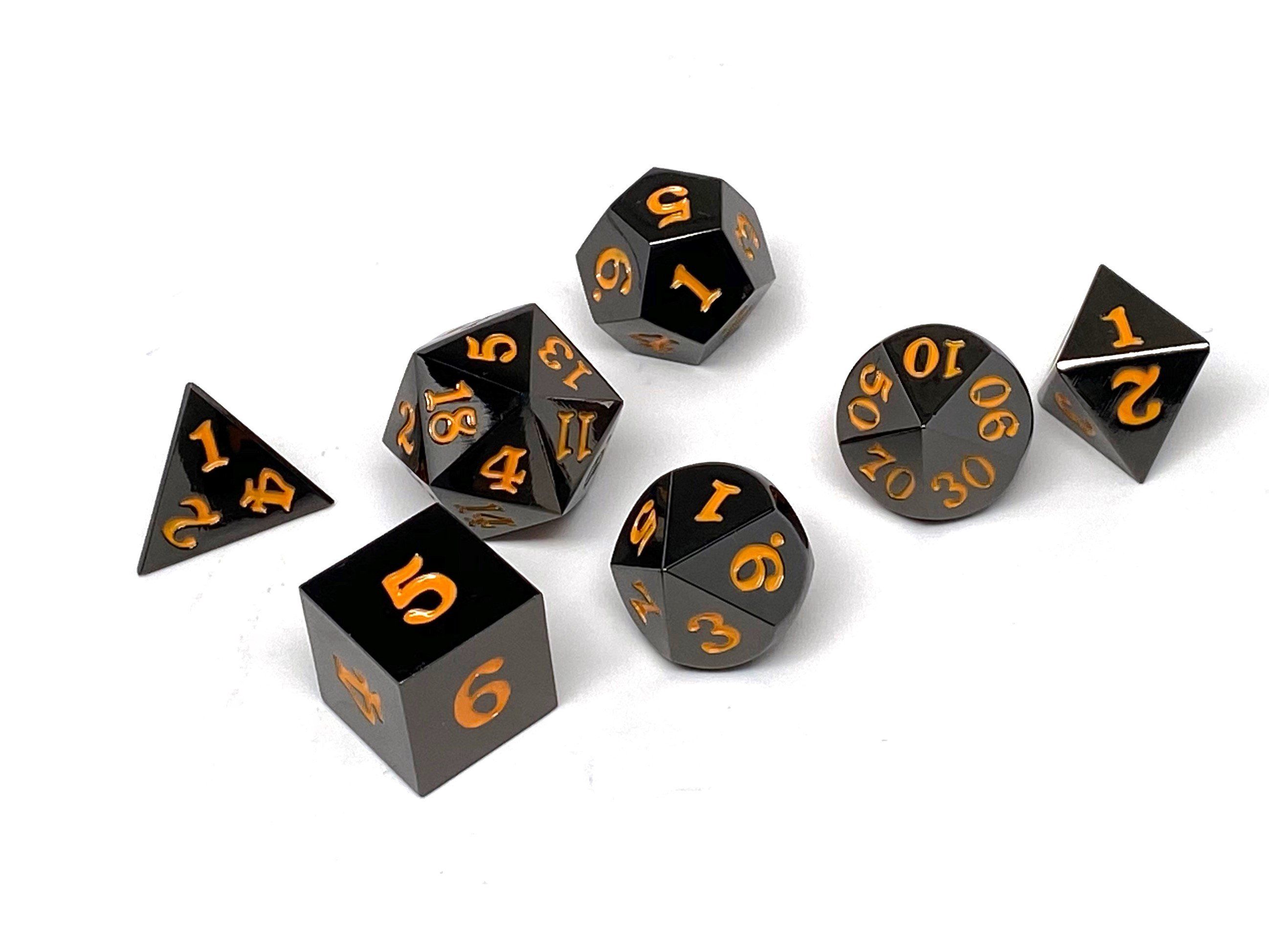 Gun Metal 7 Piece Dice Set - Signature Font - Orange - Bards & Cards