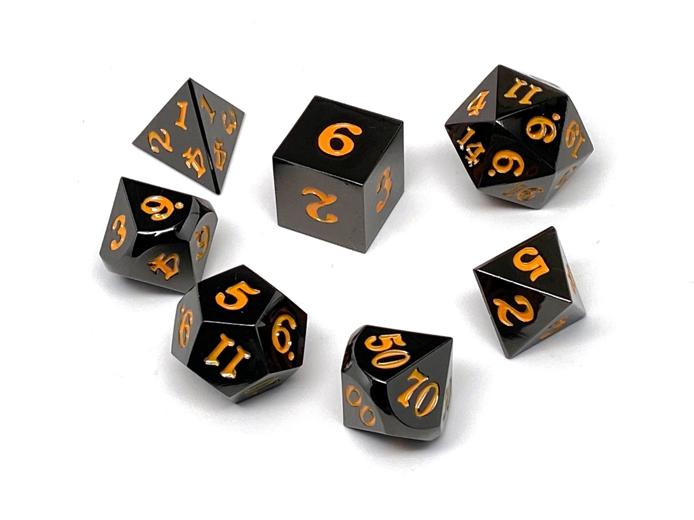 Gun Metal 7 Piece Dice Set - Signature Font - Orange - Bards & Cards