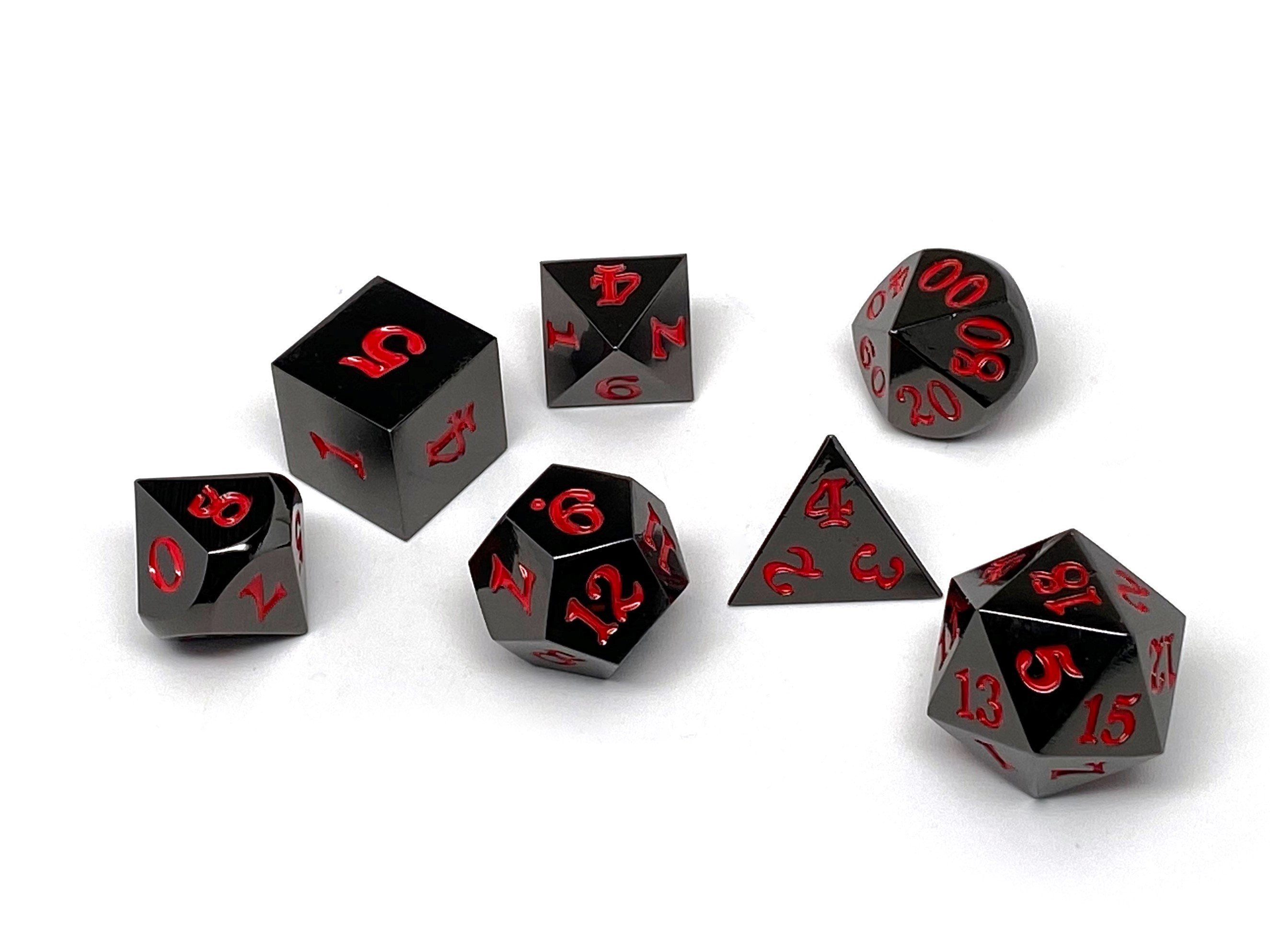 Gun Metal 7 Piece Dice Set - Signature Font - Red - Bards & Cards