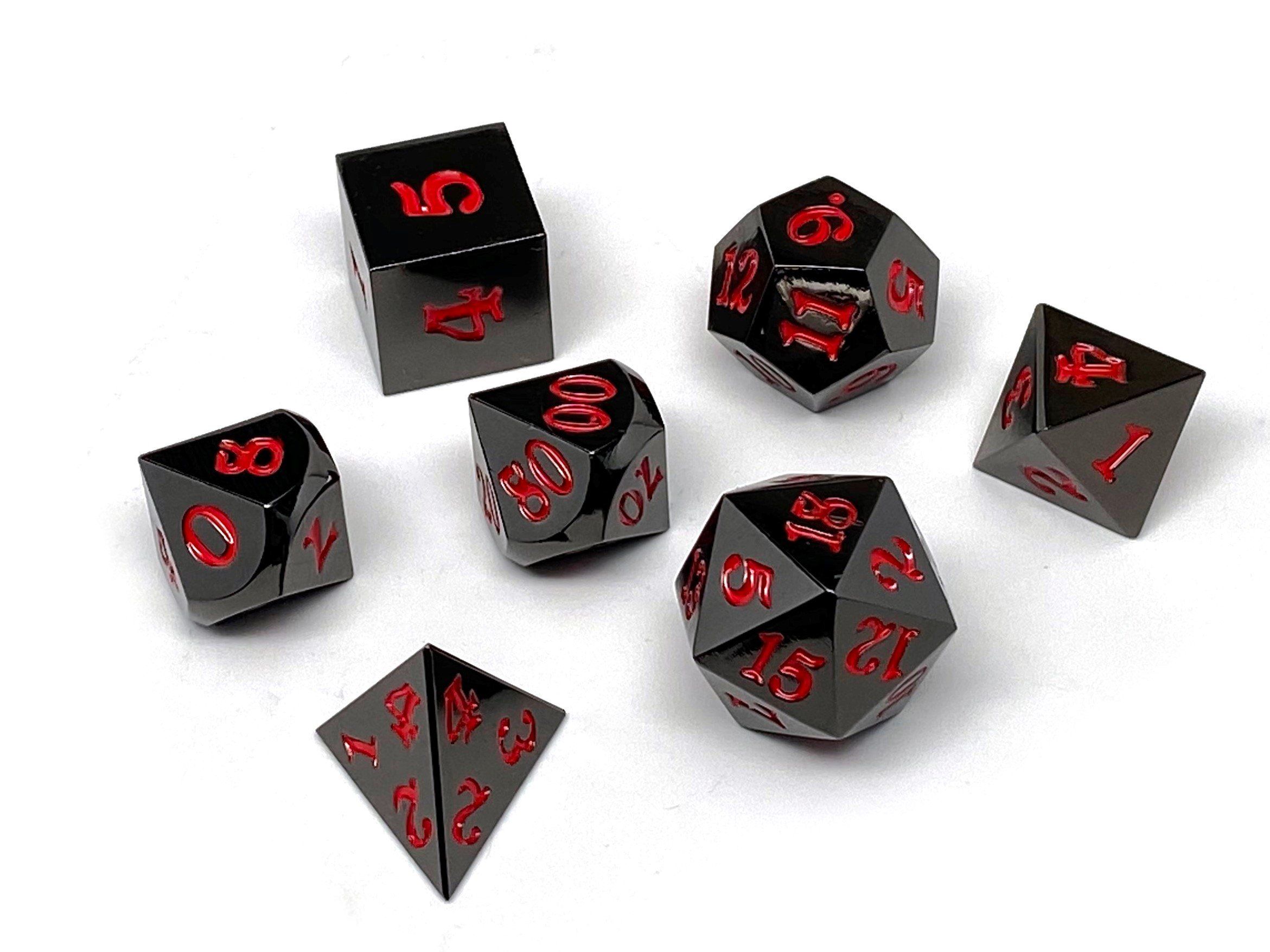 Gun Metal 7 Piece Dice Set - Signature Font - Red - Bards & Cards