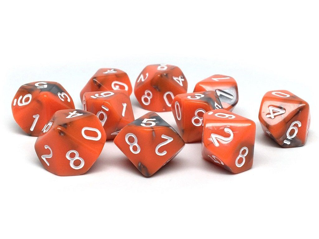 D10 Pack - Ten Count Pack of Orange and Grey Granite 10 Sided Dice - Bards & Cards