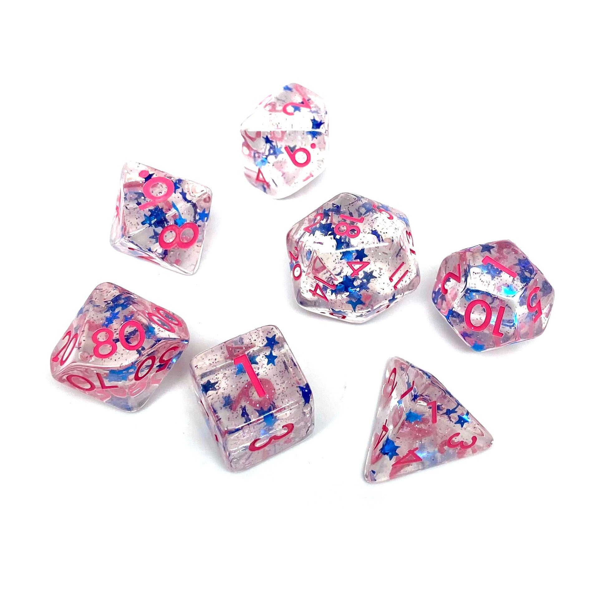 Translucent Starburst with Pink Numbering Dice Collection - 7 Piece Set - Bards & Cards