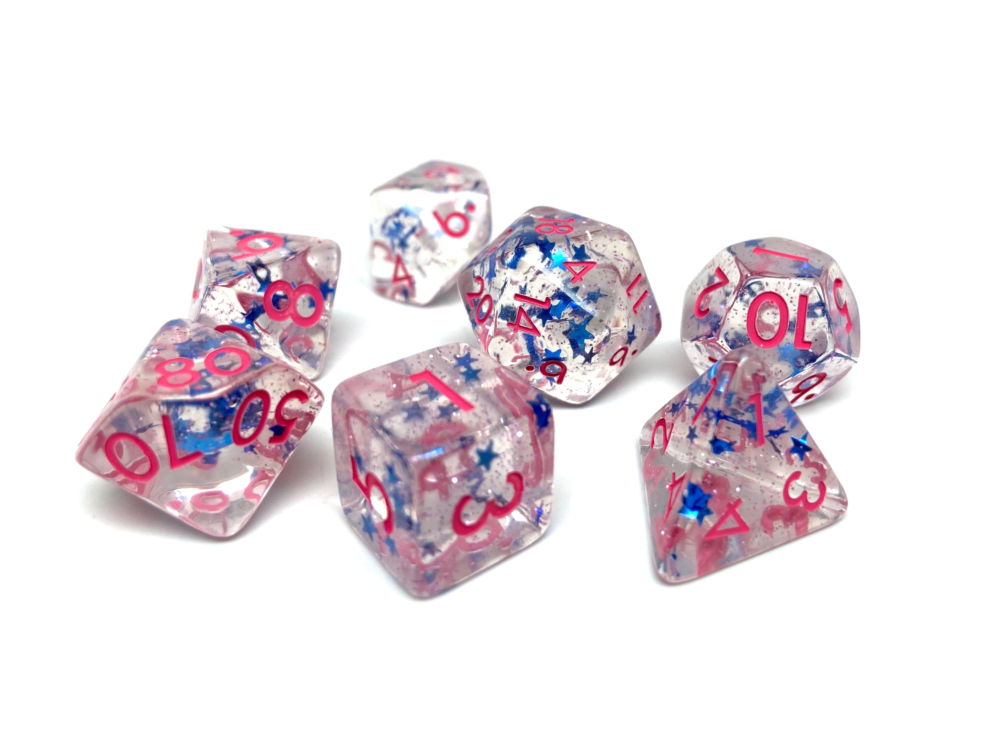 Translucent Starburst with Pink Numbering Dice Collection - 7 Piece Set - Bards & Cards