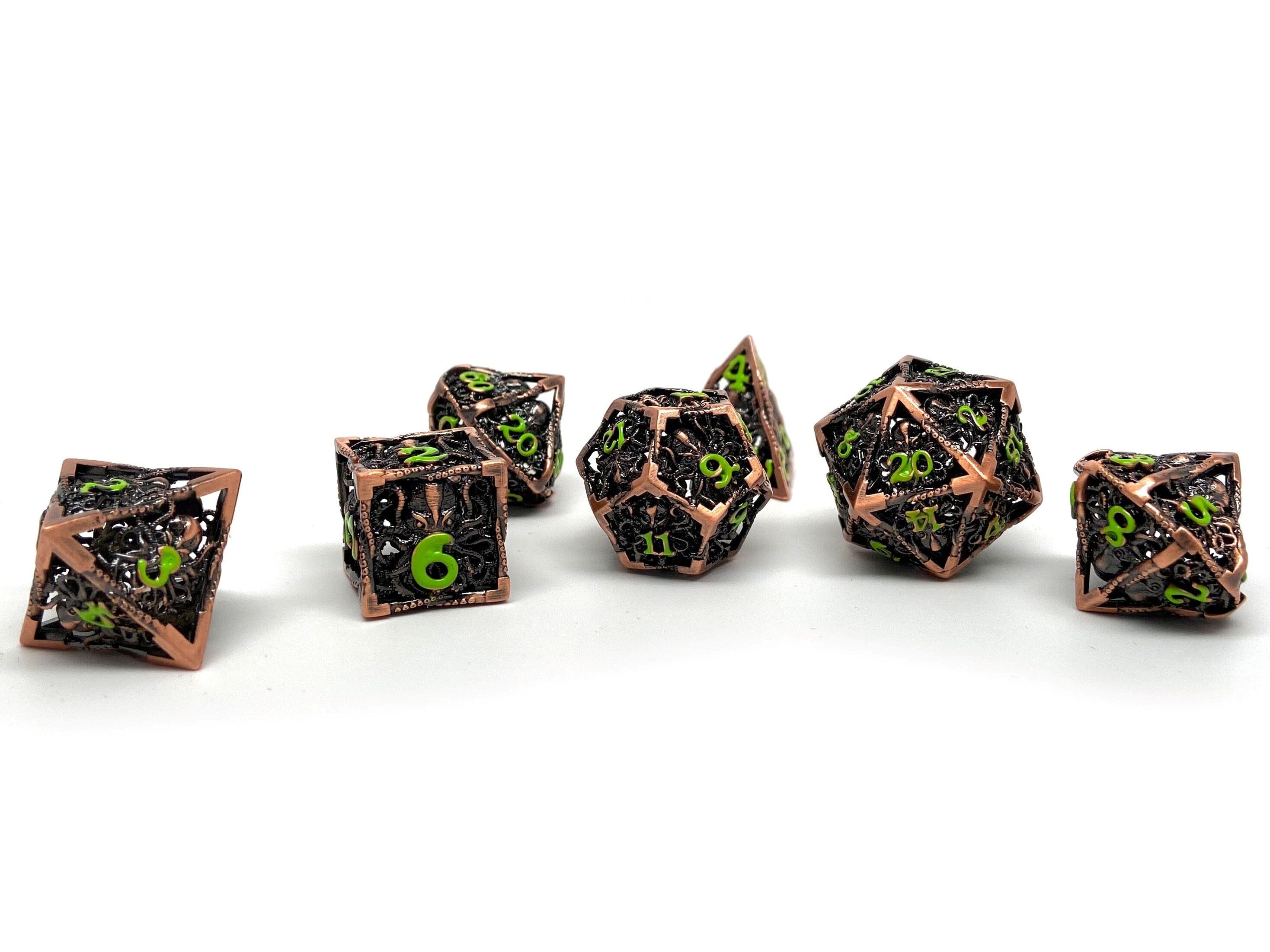 Hollow Metal Copper Cthulhu Dice Set - Green Numbering - Bards & Cards