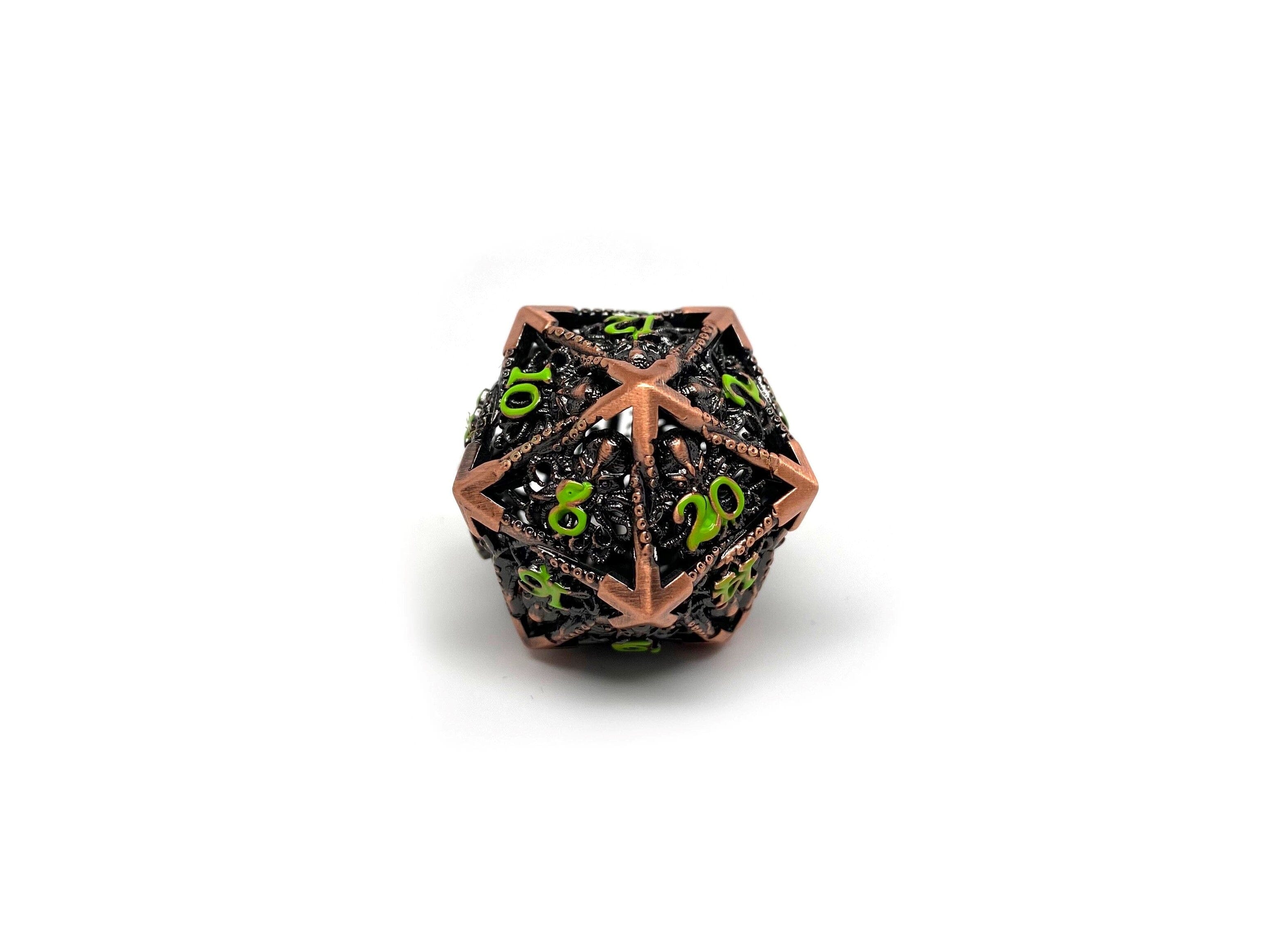 Hollow Metal Copper Cthulhu Dice Set - Green Numbering - Bards & Cards