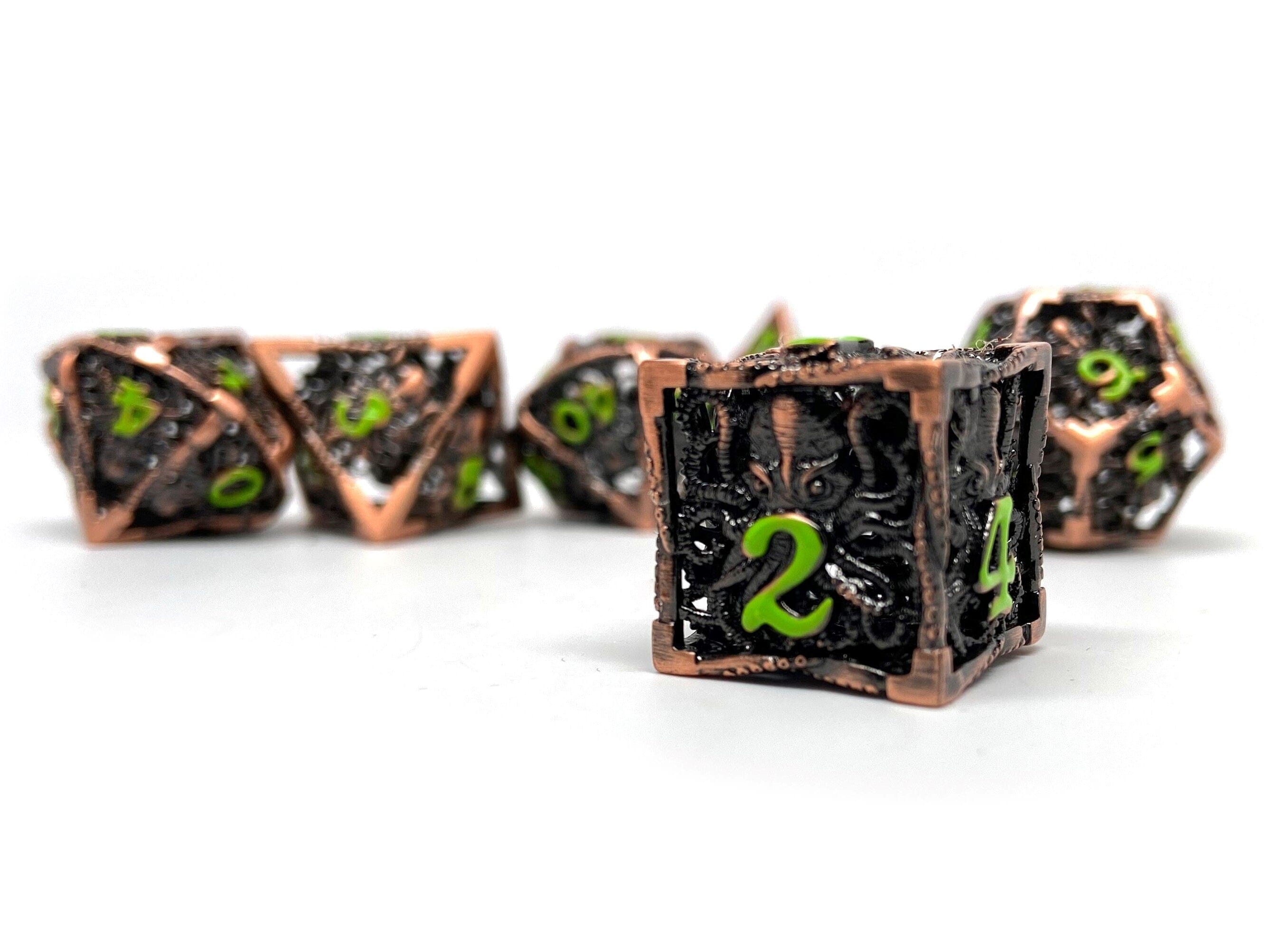 Hollow Metal Copper Cthulhu Dice Set - Green Numbering - Bards & Cards