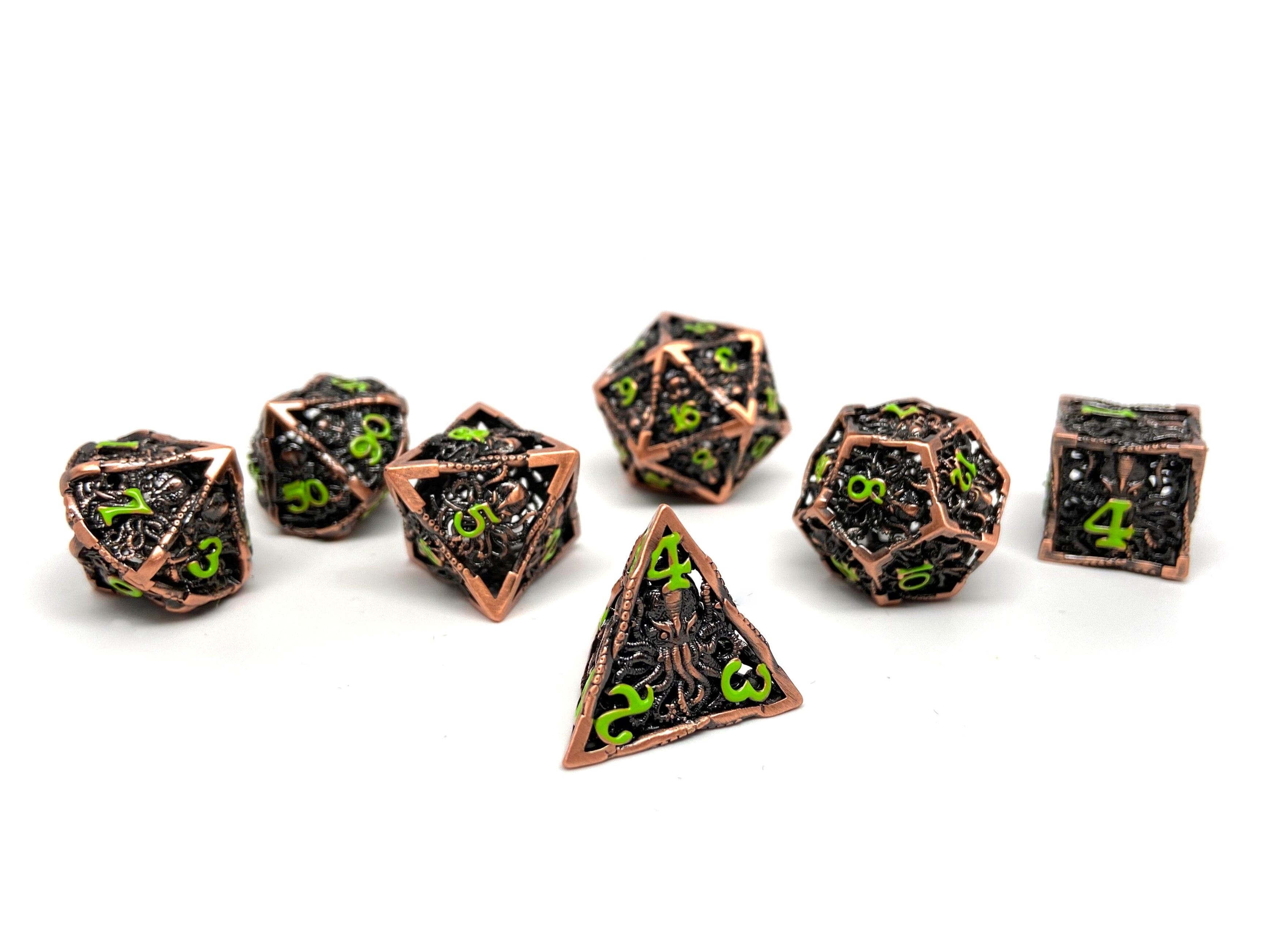 Hollow Metal Copper Cthulhu Dice Set - Green Numbering - Bards & Cards