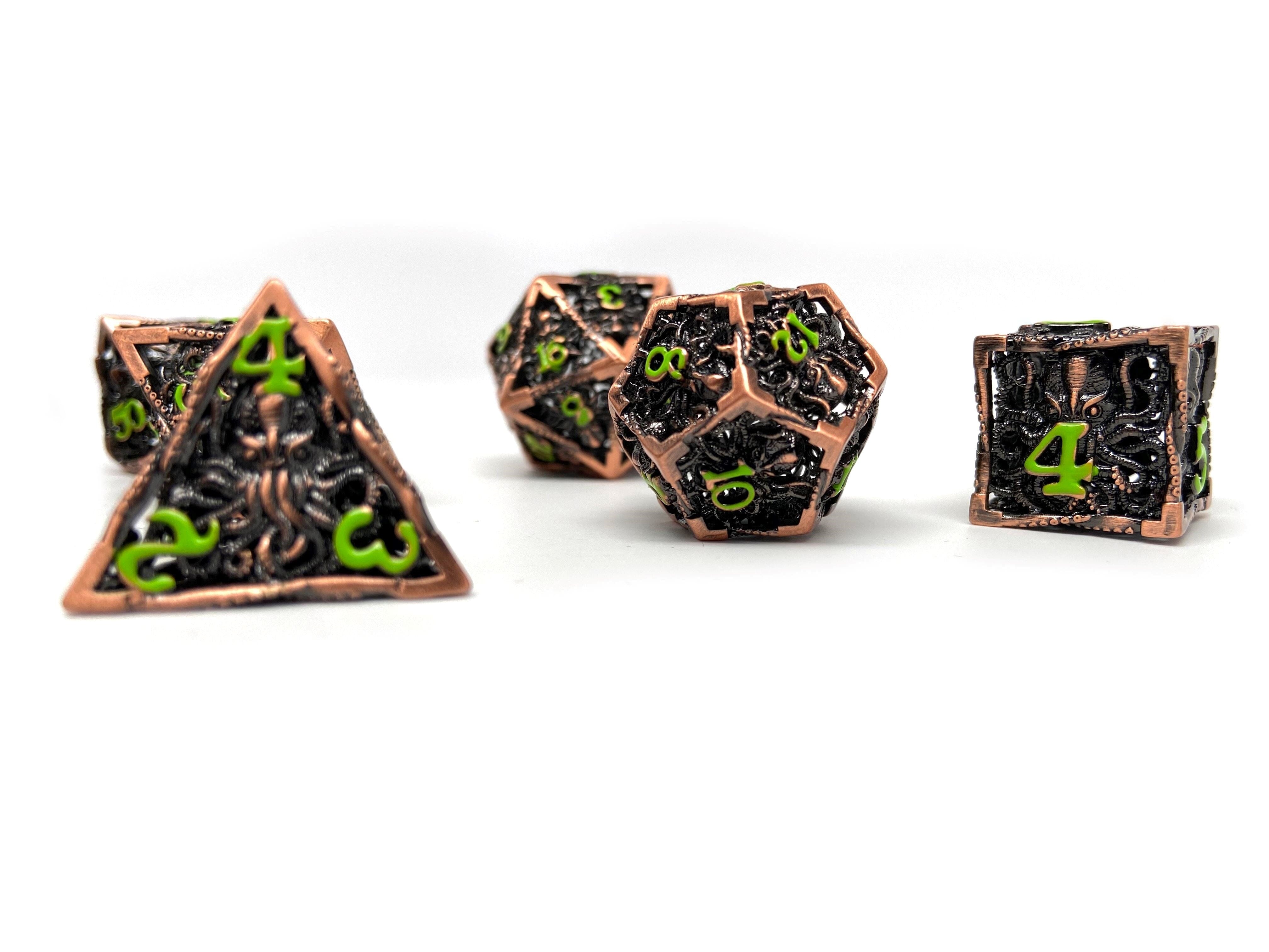 Hollow Metal Copper Cthulhu Dice Set - Green Numbering - Bards & Cards