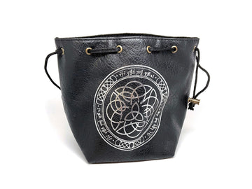 Black Leather Lite Elven Runes Design Self-Standing Large Dice Bag - Bards & Cards