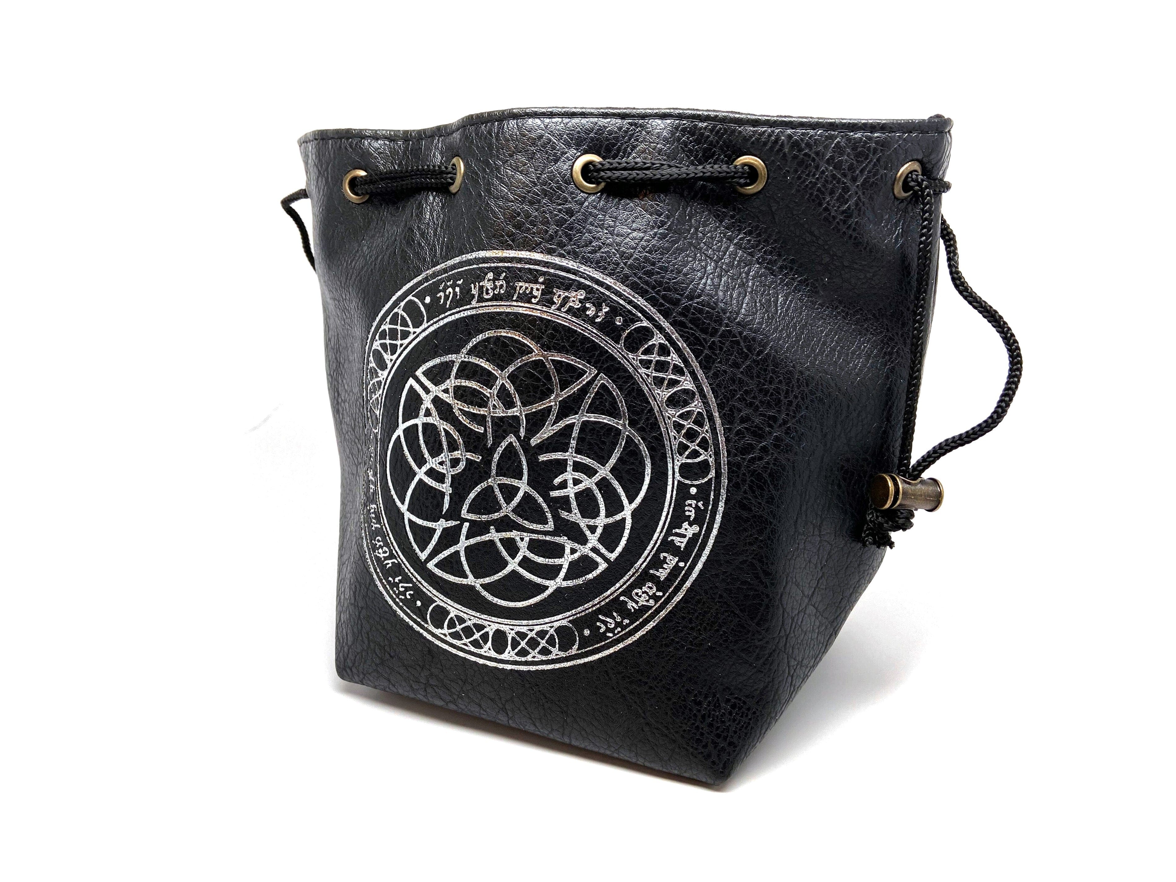 Black Leather Lite Elven Runes Design Self-Standing Large Dice Bag - 0