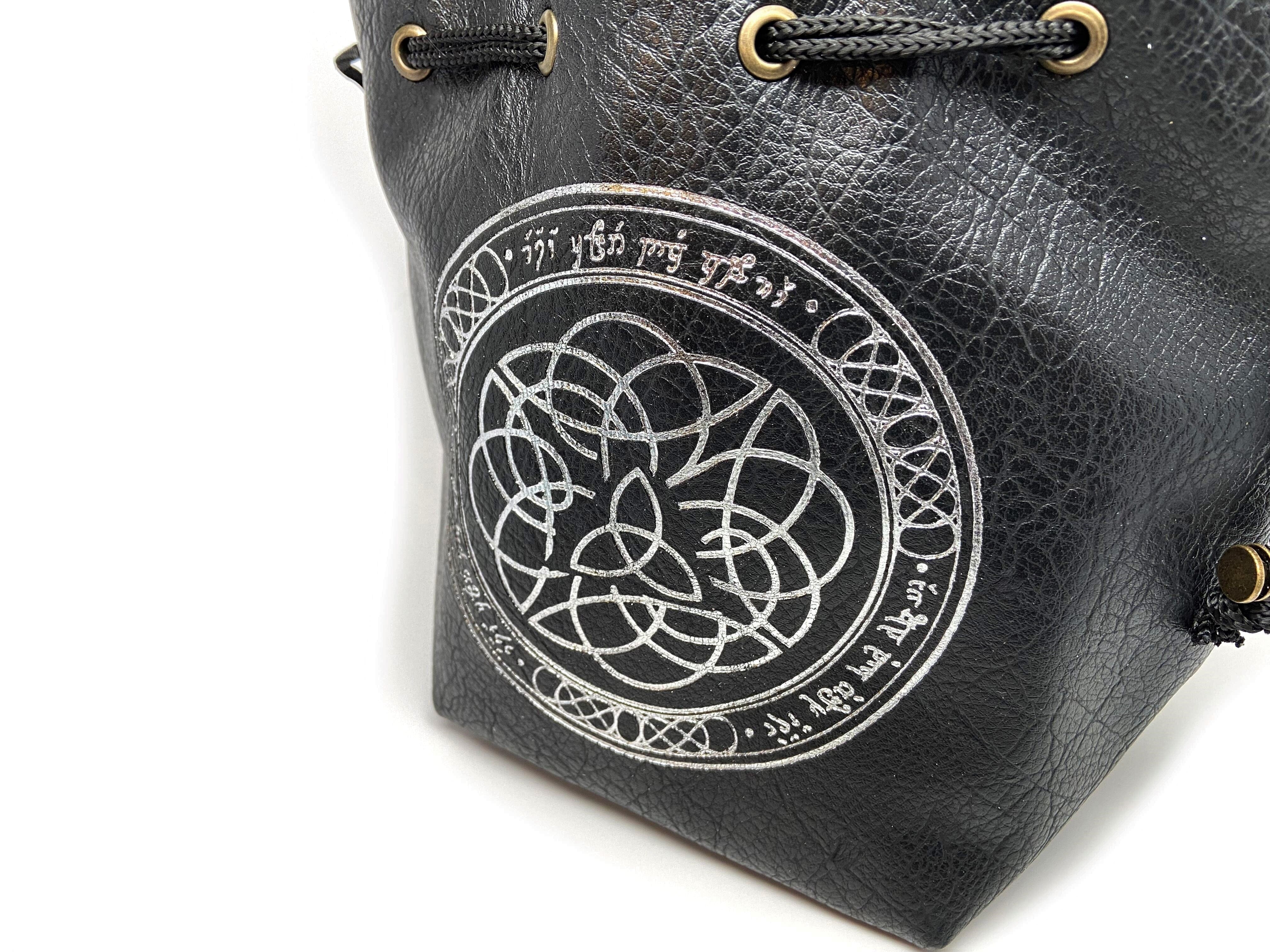 Black Leather Lite Elven Runes Design Self-Standing Large Dice Bag - Bards & Cards