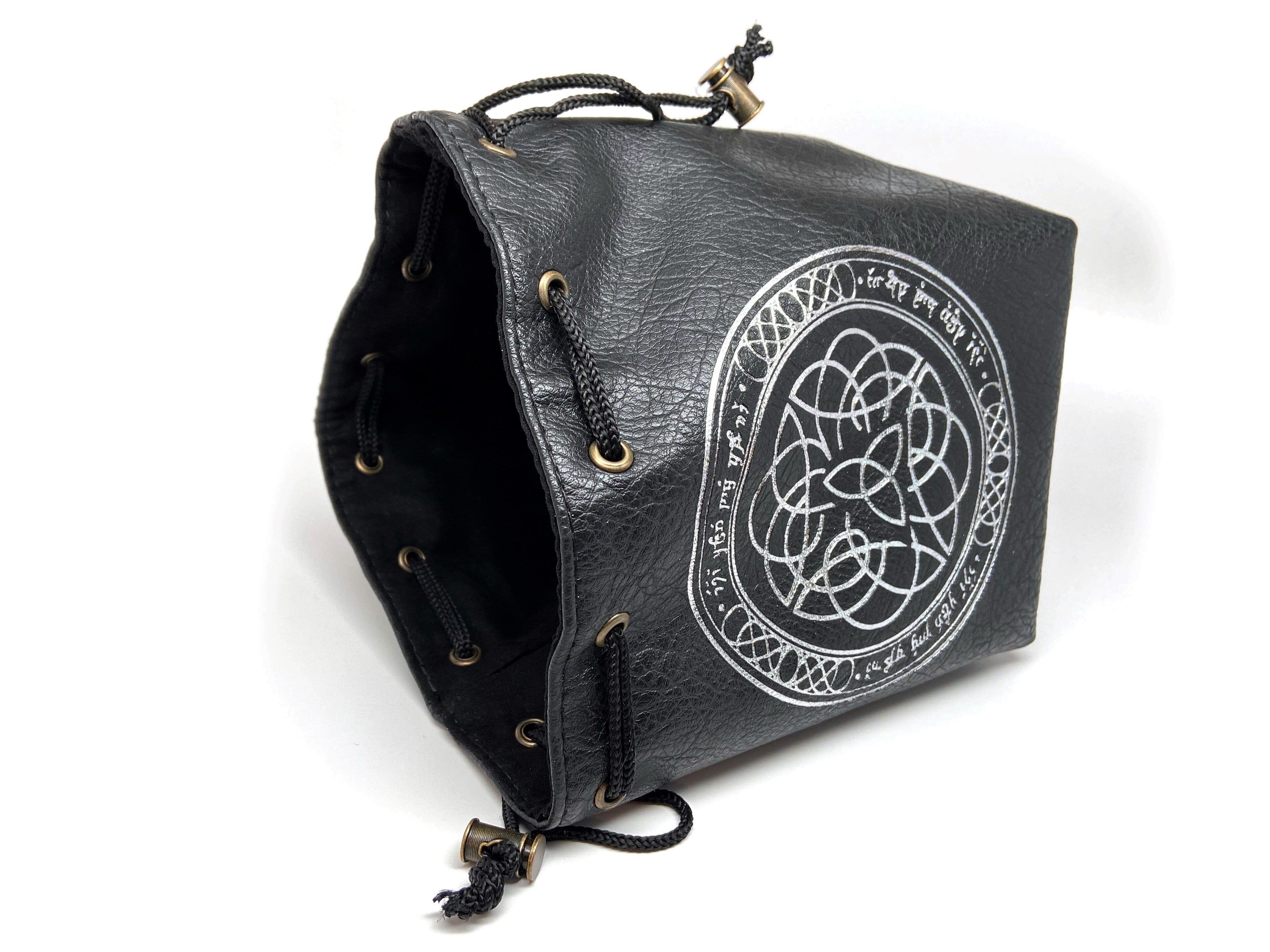 Black Leather Lite Elven Runes Design Self-Standing Large Dice Bag - Bards & Cards