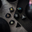 Inked Black Night Raised Obsidian Hand Carved Dice DND Set - Bards & Cards