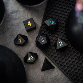 Inked Black Night Raised Obsidian Hand Carved Dice DND Set - Bards & Cards