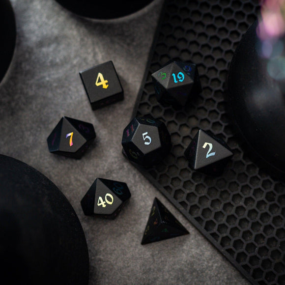 Inked Black Night Raised Obsidian Hand Carved Dice DND Set - Bards & Cards