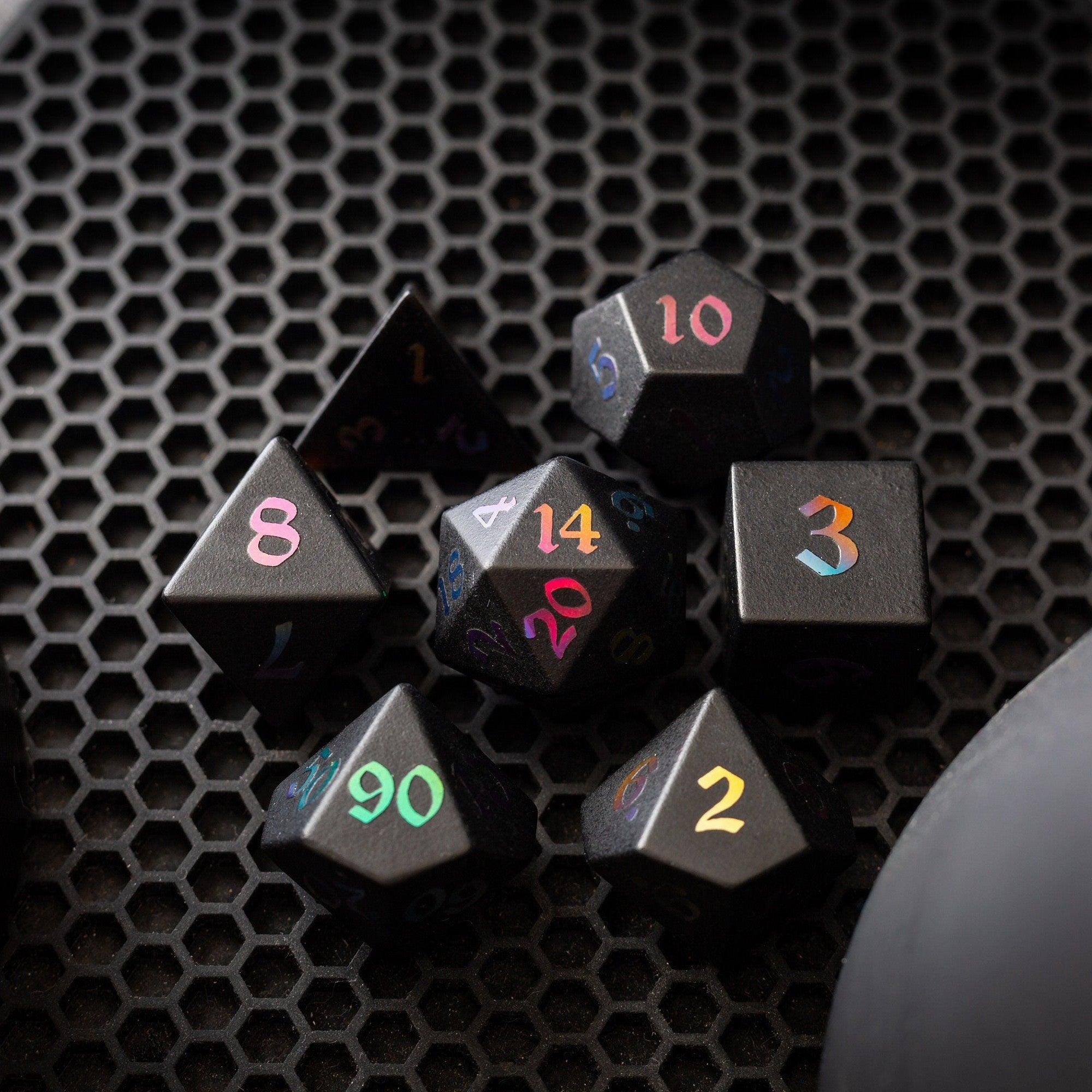 Inked Black Night Raised Obsidian Hand Carved Dice DND Set - Bards & Cards