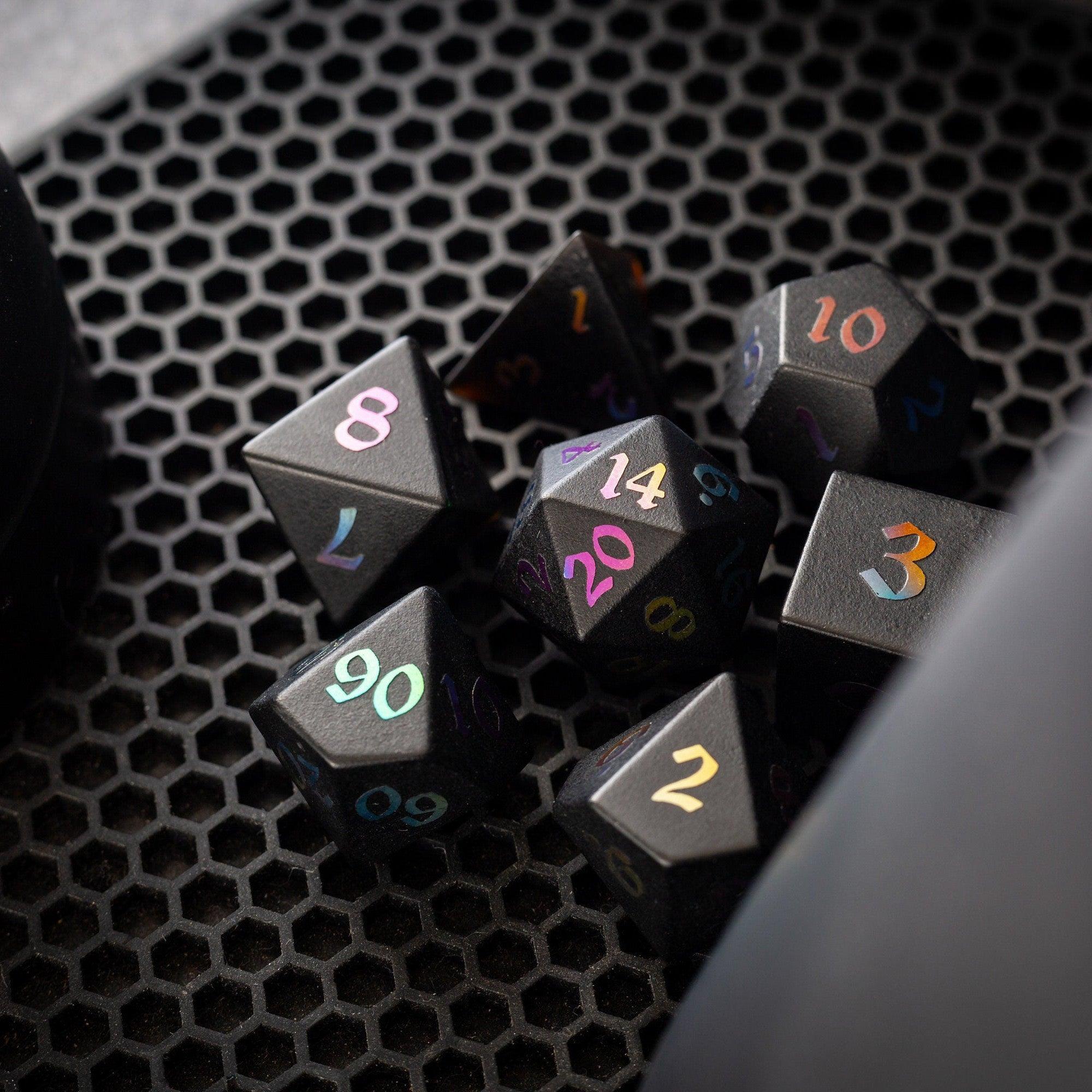 Inked Black Night Raised Obsidian Hand Carved Dice DND Set - Bards & Cards