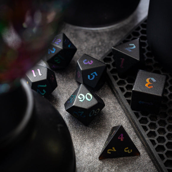 Inked Black Night Raised Obsidian Hand Carved Dice DND Set - Bards & Cards