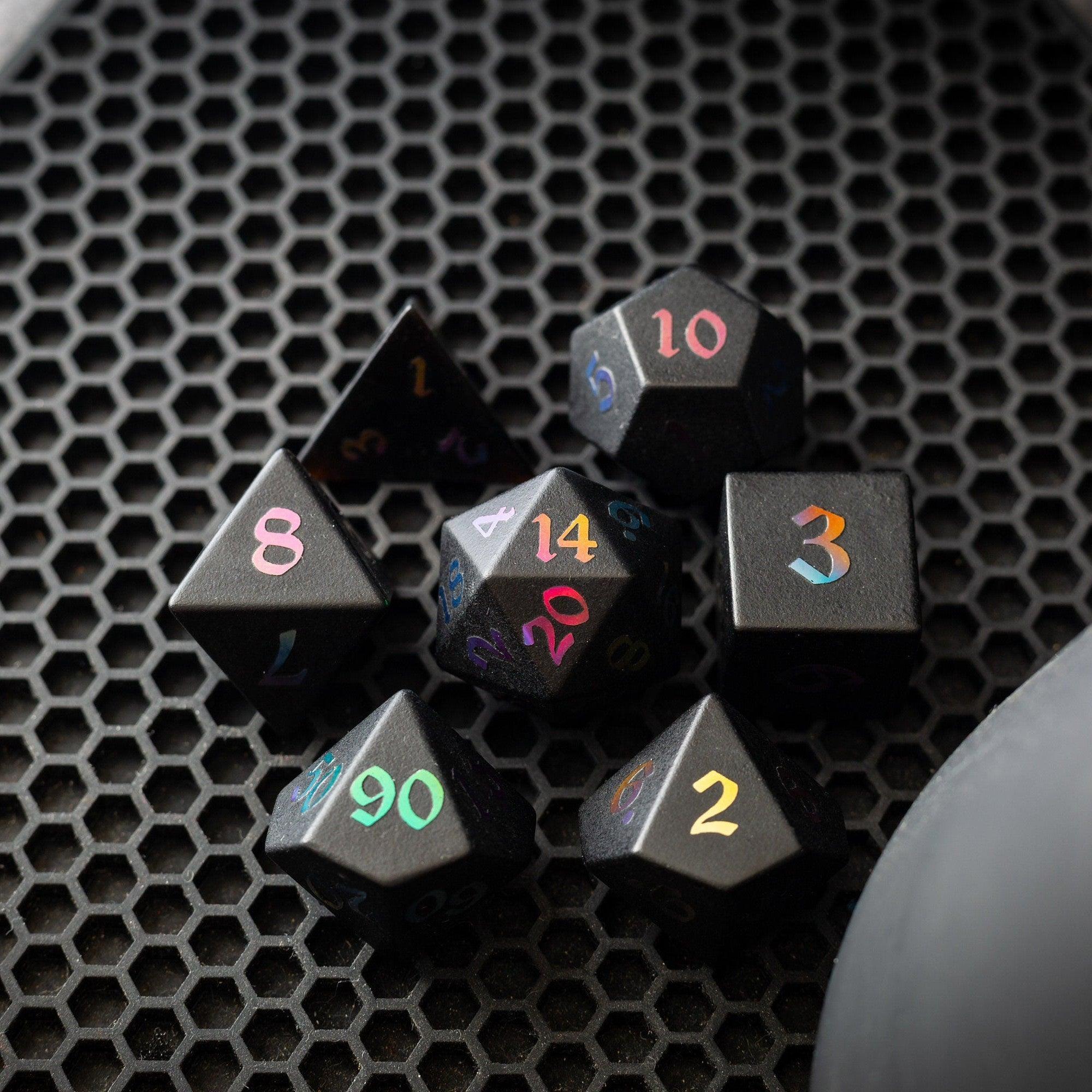 Inked Black Night Raised Obsidian Hand Carved Dice DND Set - Bards & Cards