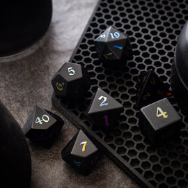Inked Black Night Raised Obsidian Hand Carved Dice DND Set - Bards & Cards