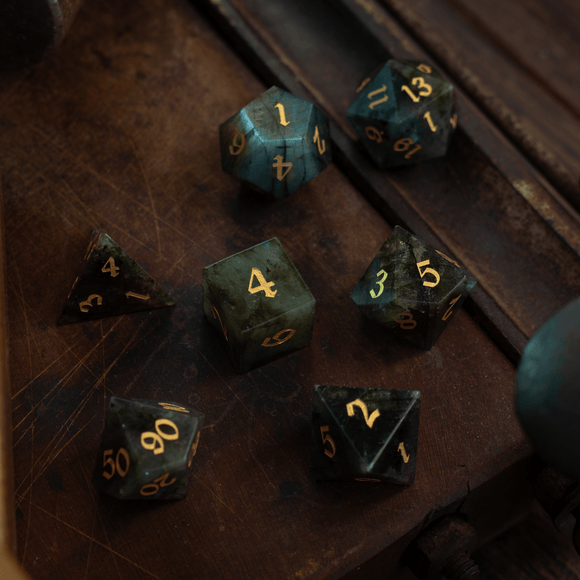 Labradorite Gemstone DND Dice Set - Bards & Cards