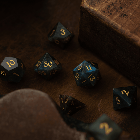 Labradorite Gemstone DND Dice Set - Bards & Cards