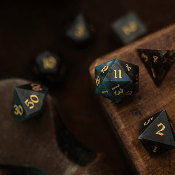 Labradorite Gemstone DND Dice Set - Bards & Cards