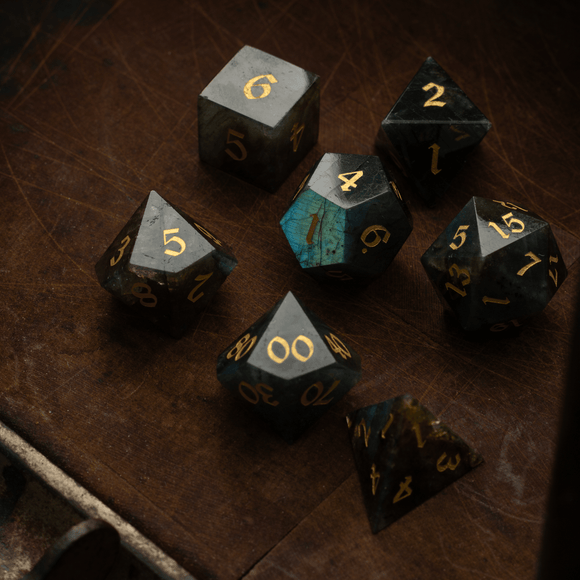 Labradorite Gemstone DND Dice Set - Bards & Cards
