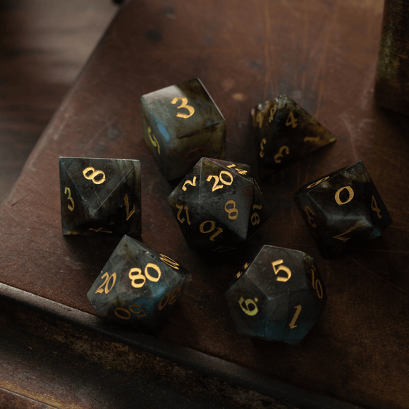 Labradorite Gemstone DND Dice Set - Bards & Cards