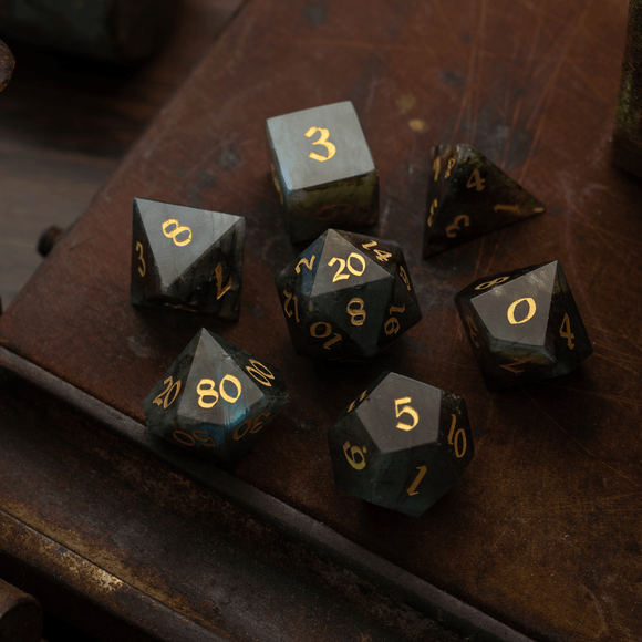 Labradorite Gemstone DND Dice Set - Bards & Cards