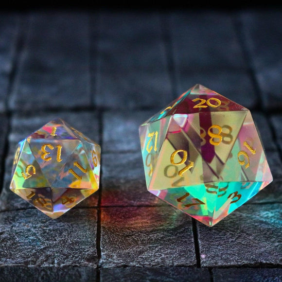 Large Dragon Egg Dichroic Glass D20 Gemstone Polyhedral Dice - Bards & Cards