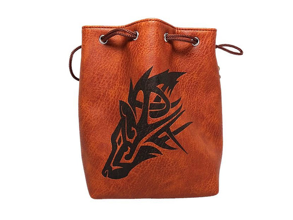 Brown Leather Lite Wolf Design Self-Standing Large Dice Bag - Bards & Cards