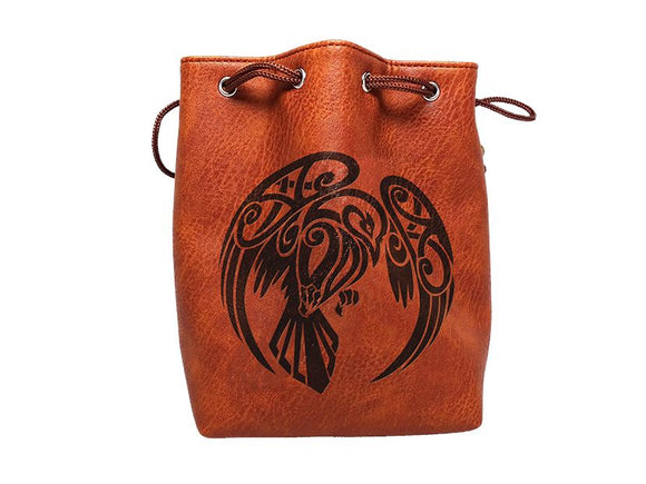 Brown Leather Lite Raven Design Self-Standing Large Dice Bag - Bards & Cards