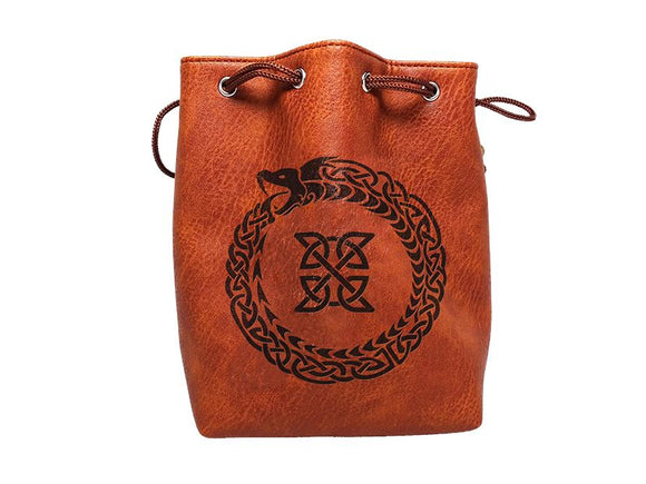 Brown Leather Lite Ouroboros Design Self-Standing Large Dice Bag - Bards & Cards