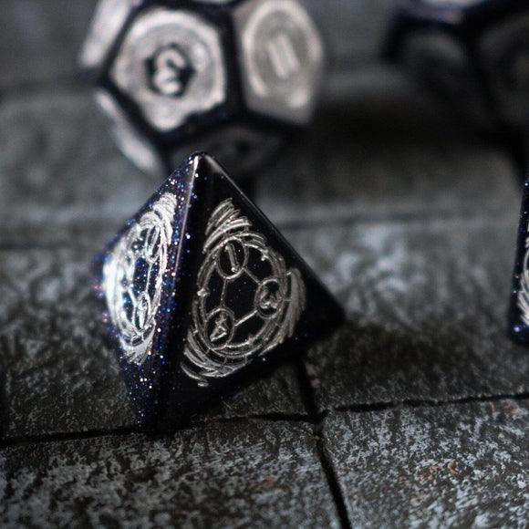 Mage Fury Blue Sandstone Silver Font Gemstone DND Dice Set - Bards & Cards